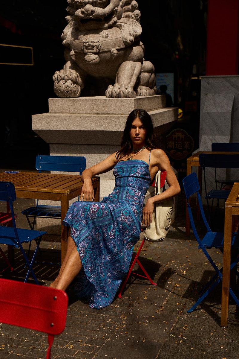 The Way I Feel Silk Satin Maxi Dress - Blue Dahlia Scarf
