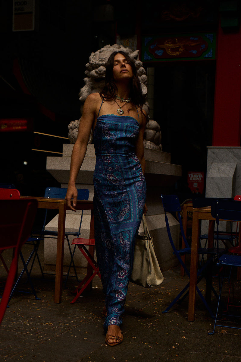 The Way I Feel Silk Satin Maxi Dress - Blue Dahlia Scarf