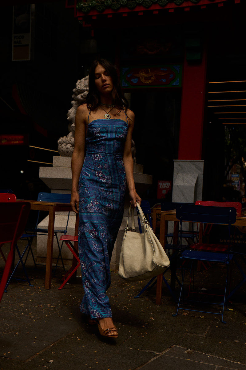 The Way I Feel Silk Satin Maxi Dress - Blue Dahlia Scarf