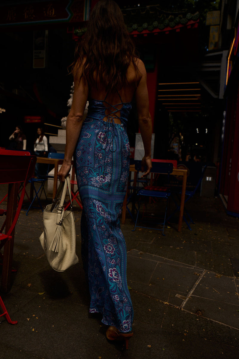 The Way I Feel Silk Satin Maxi Dress - Blue Dahlia Scarf