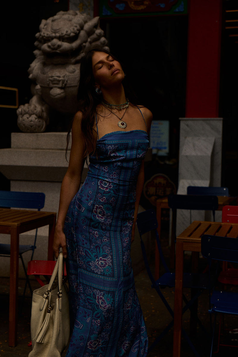 The Way I Feel Silk Satin Maxi Dress - Blue Dahlia Scarf