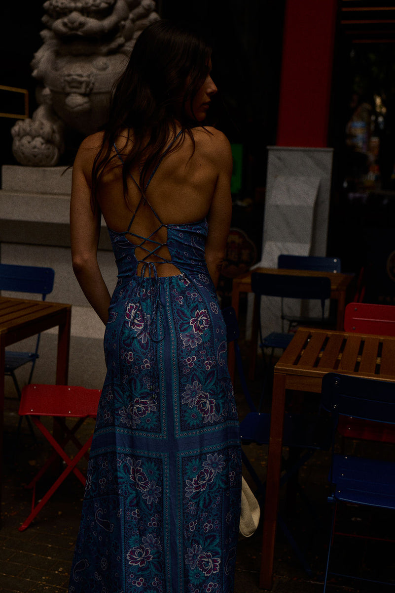 The Way I Feel Silk Satin Maxi Dress - Blue Dahlia Scarf