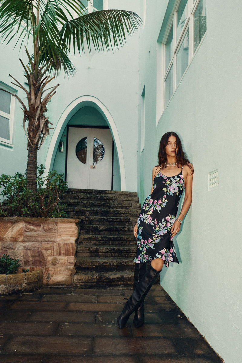Wildflower Soul Beaded Silk Slip Midi Dress