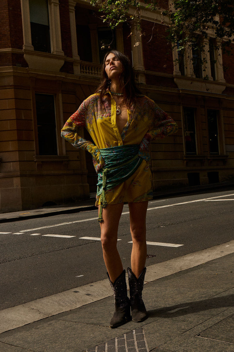 Love Me Do Silk Flare Sleeve Mini Dress - Golden Scarf