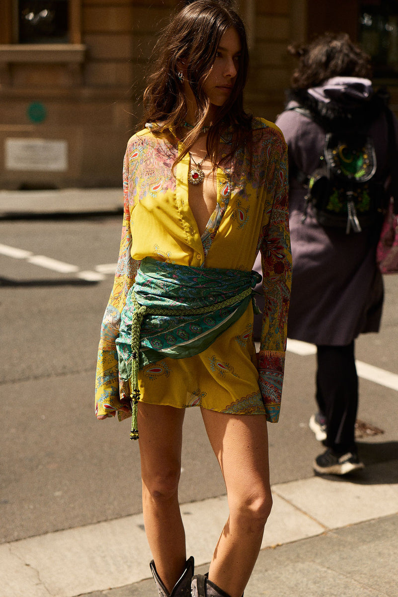 Love Me Do Silk Flare Sleeve Mini Dress - Golden Scarf