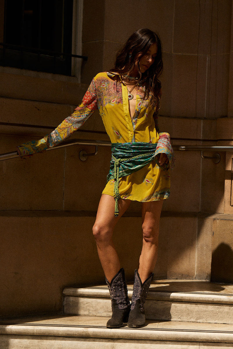 Love Me Do Silk Flare Sleeve Mini Dress - Golden Scarf