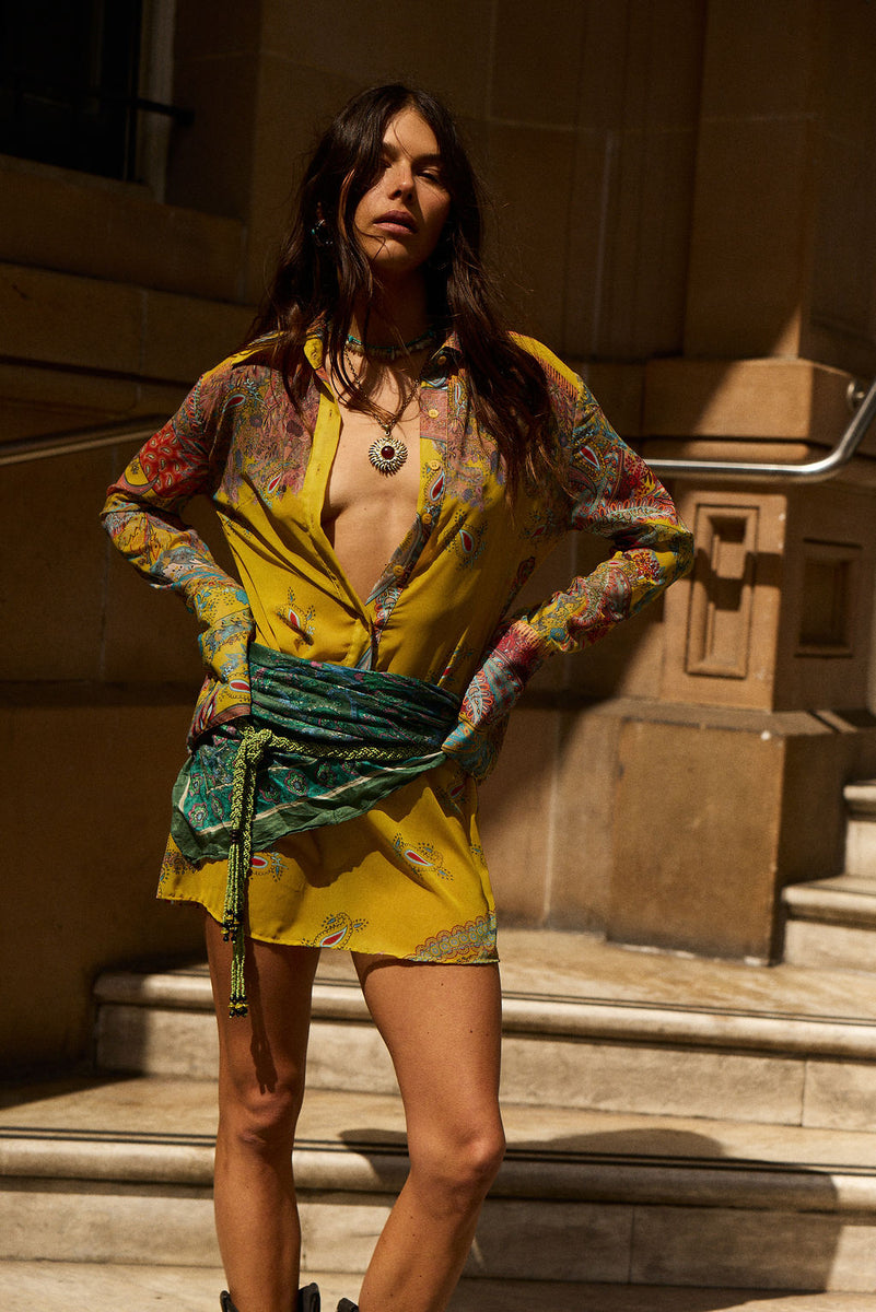 Love Me Do Silk Flare Sleeve Mini Dress - Golden Scarf
