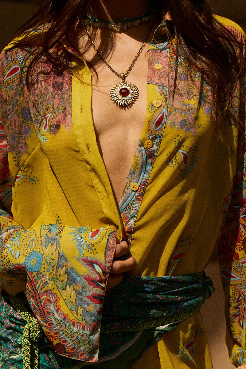 Love Me Do Silk Flare Sleeve Mini Dress - Golden Scarf