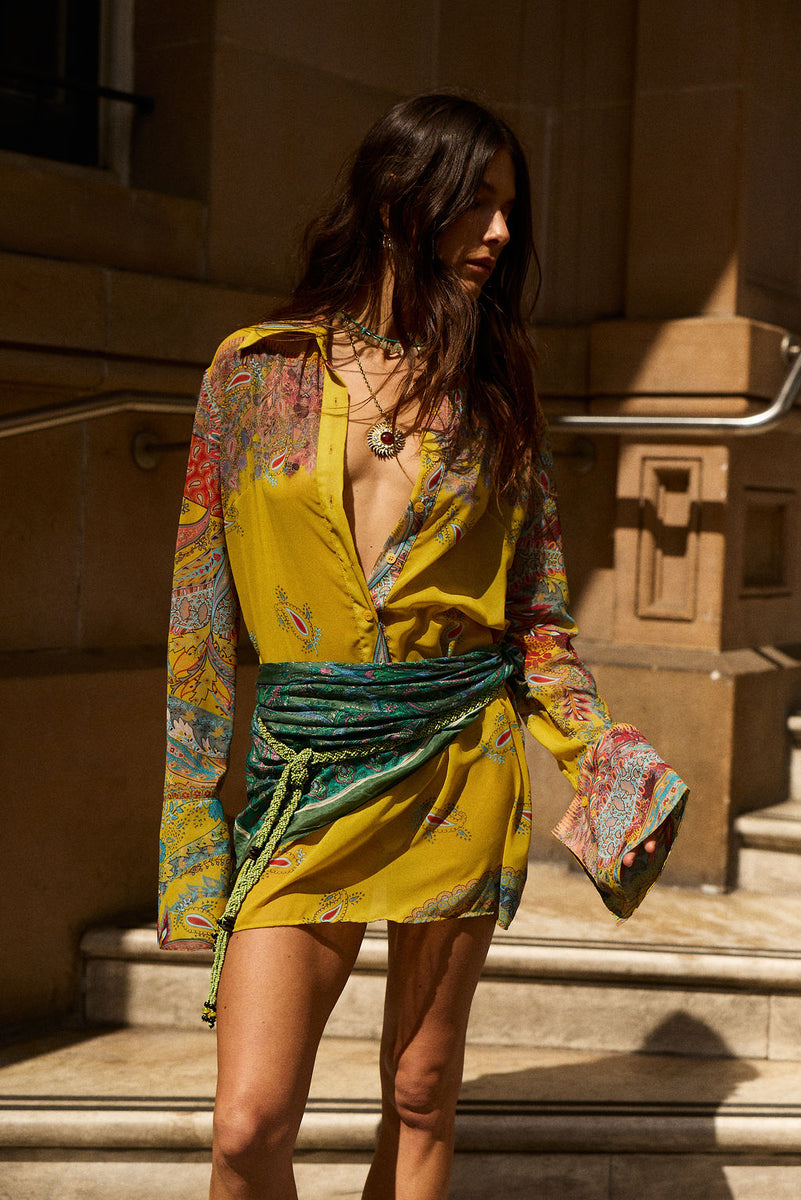 Love Me Do Silk Flare Sleeve Mini Dress - Golden Scarf