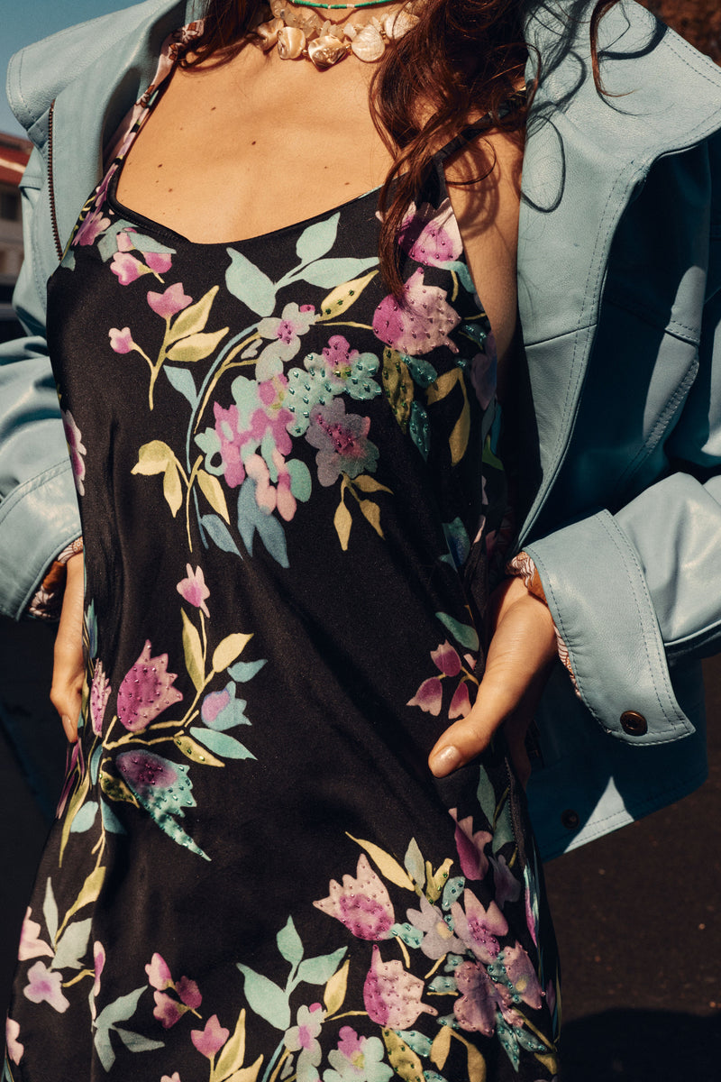 Wildflower Soul Beaded Silk Slip Midi Dress