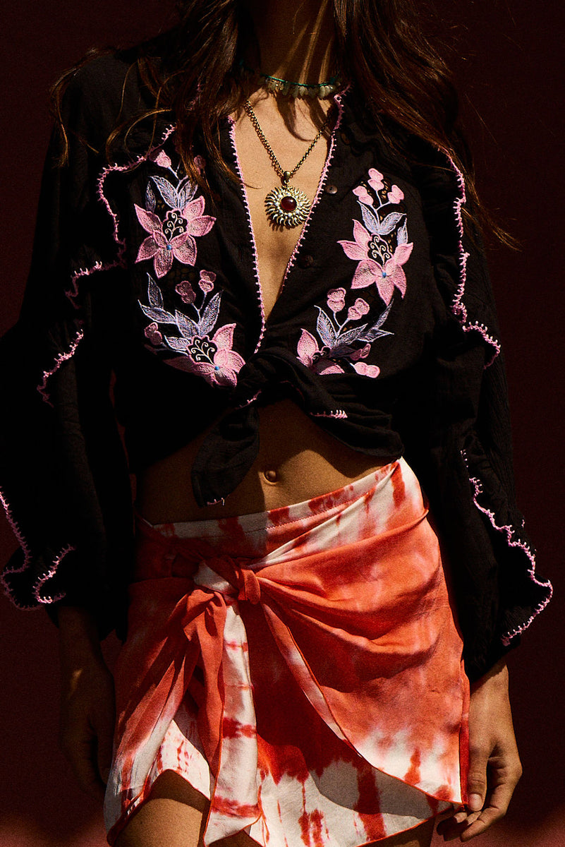 A New Day For Love Cotton Gauze Embroidered Blouse - Black Floral