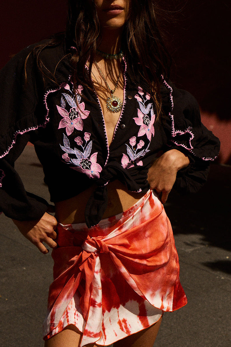 Heat of The Moment Silk Tie Front Mini Skirt - Flame