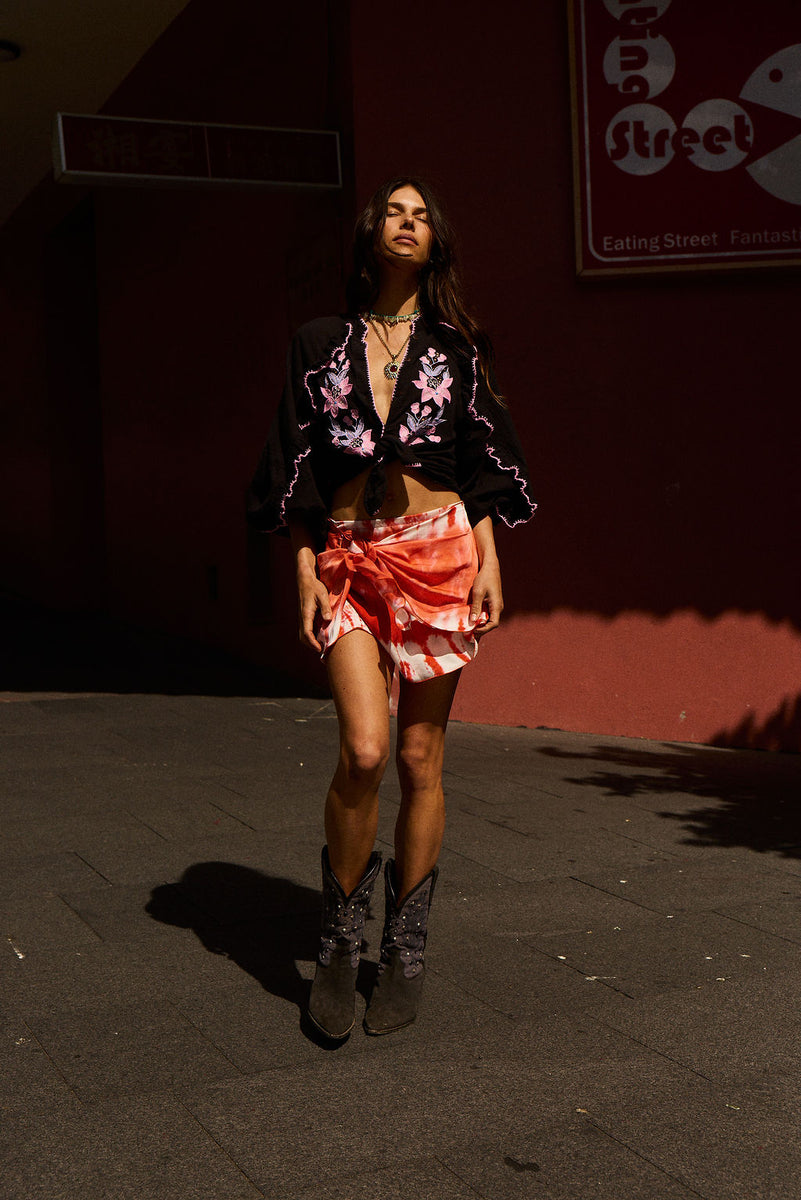 Heat of The Moment Silk Tie Front Mini Skirt - Flame