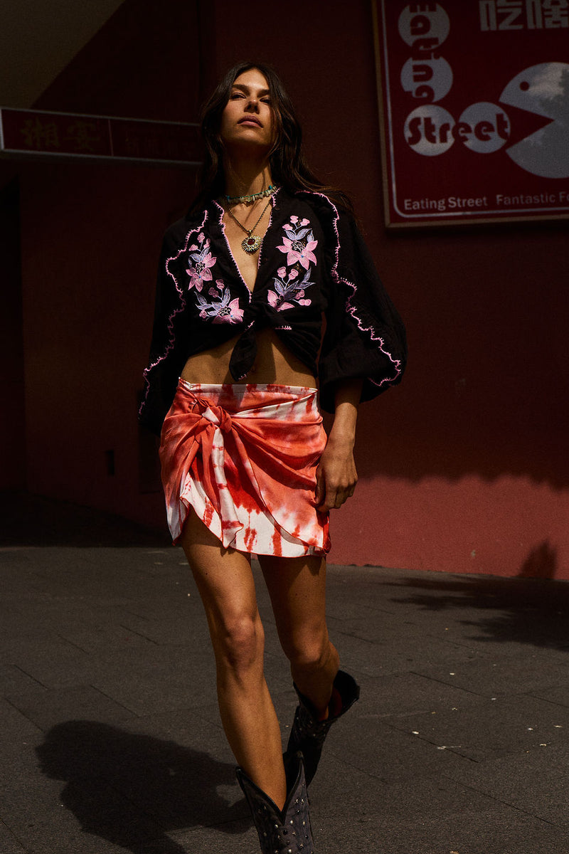 Heat of The Moment Silk Tie Front Mini Skirt - Flame