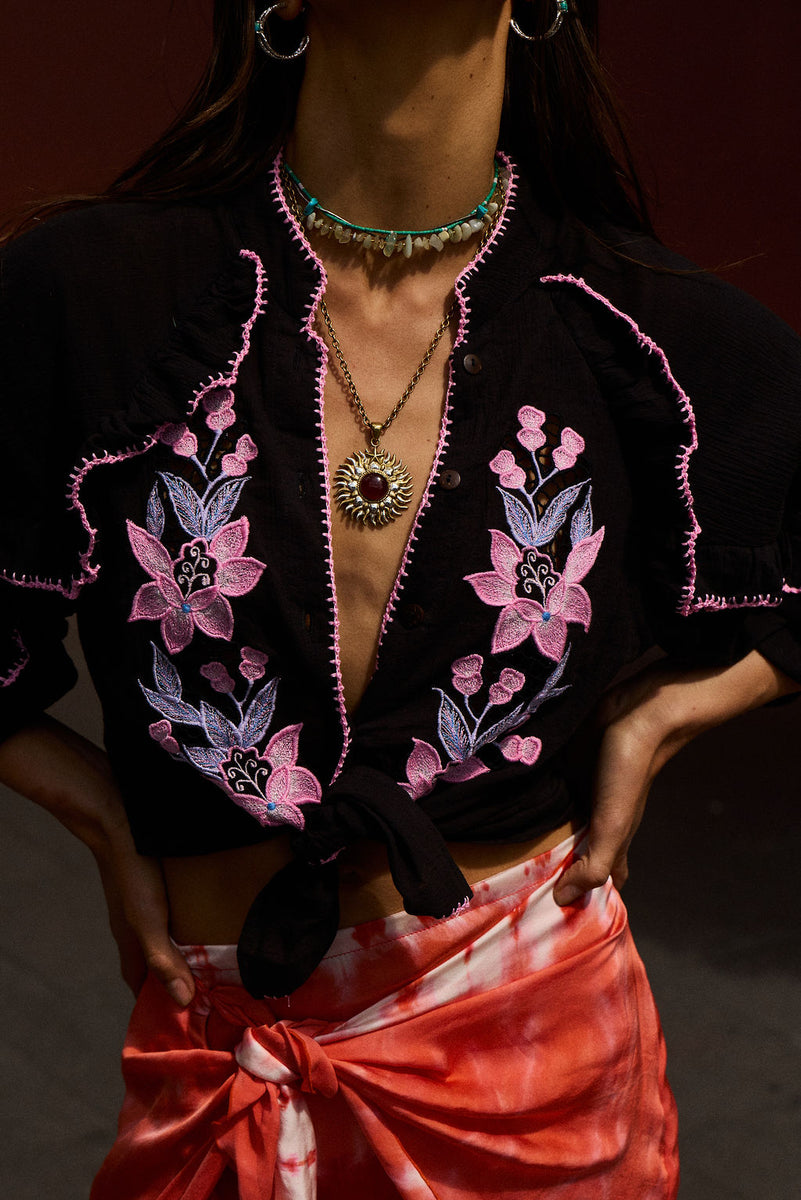 A New Day For Love Cotton Gauze Embroidered Blouse - Black Floral