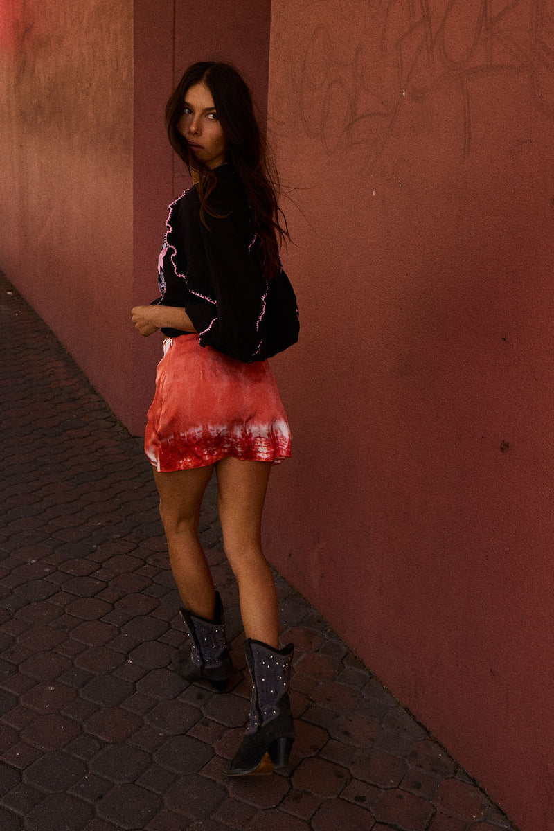 Heat of The Moment Silk Tie Front Mini Skirt - Flame