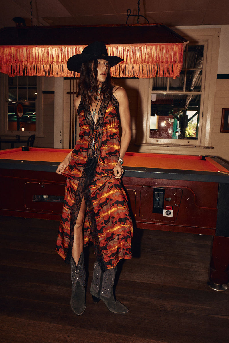 The Enchanted Gypsy Silk + Lace Maxi Dress - Sundown