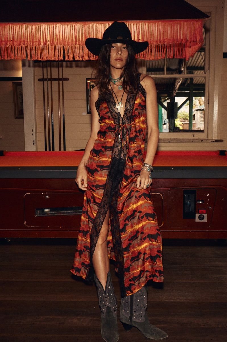 The Enchanted Gypsy Silk + Lace Maxi Dress - Sundown
