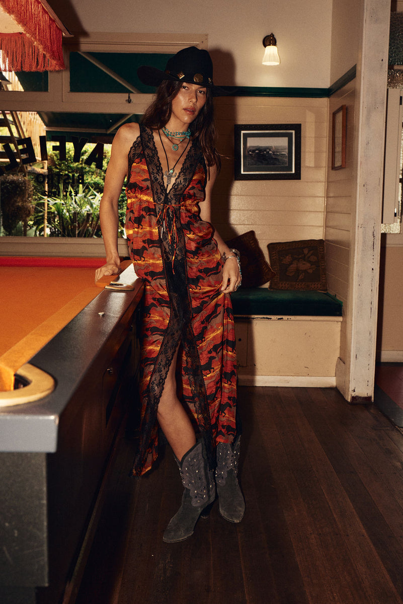 The Enchanted Gypsy Silk + Lace Maxi Dress - Sundown