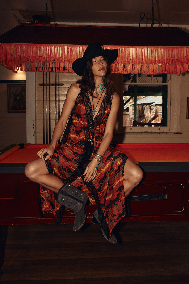 The Enchanted Gypsy Silk + Lace Maxi Dress - Sundown