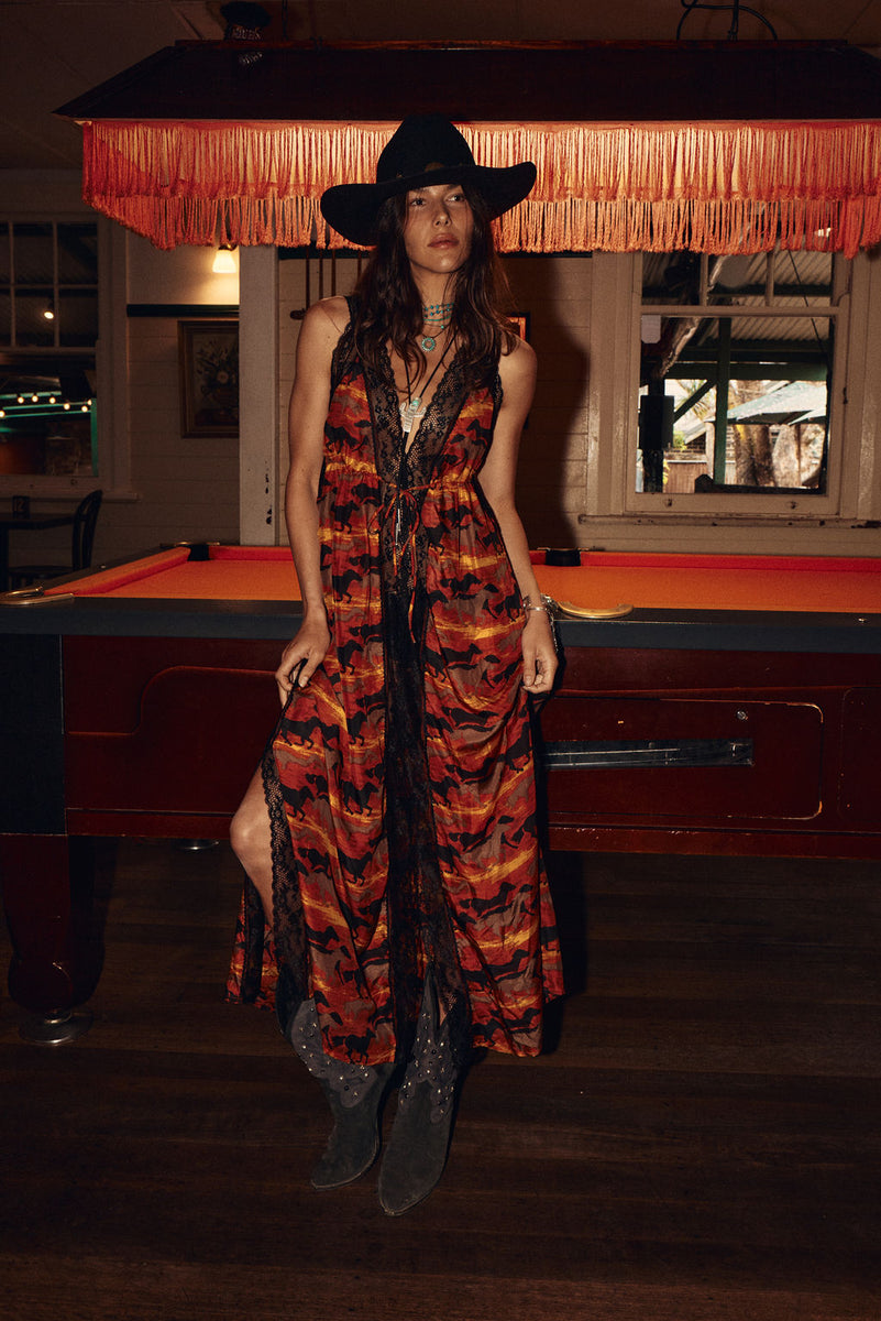 The Enchanted Gypsy Silk + Lace Maxi Dress - Sundown