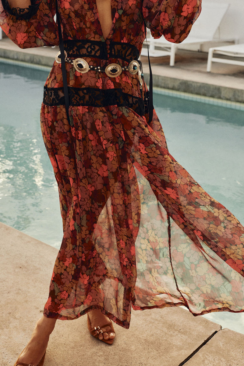 Destiny Silk + Lace Maxi Dress - Terracotta Floral