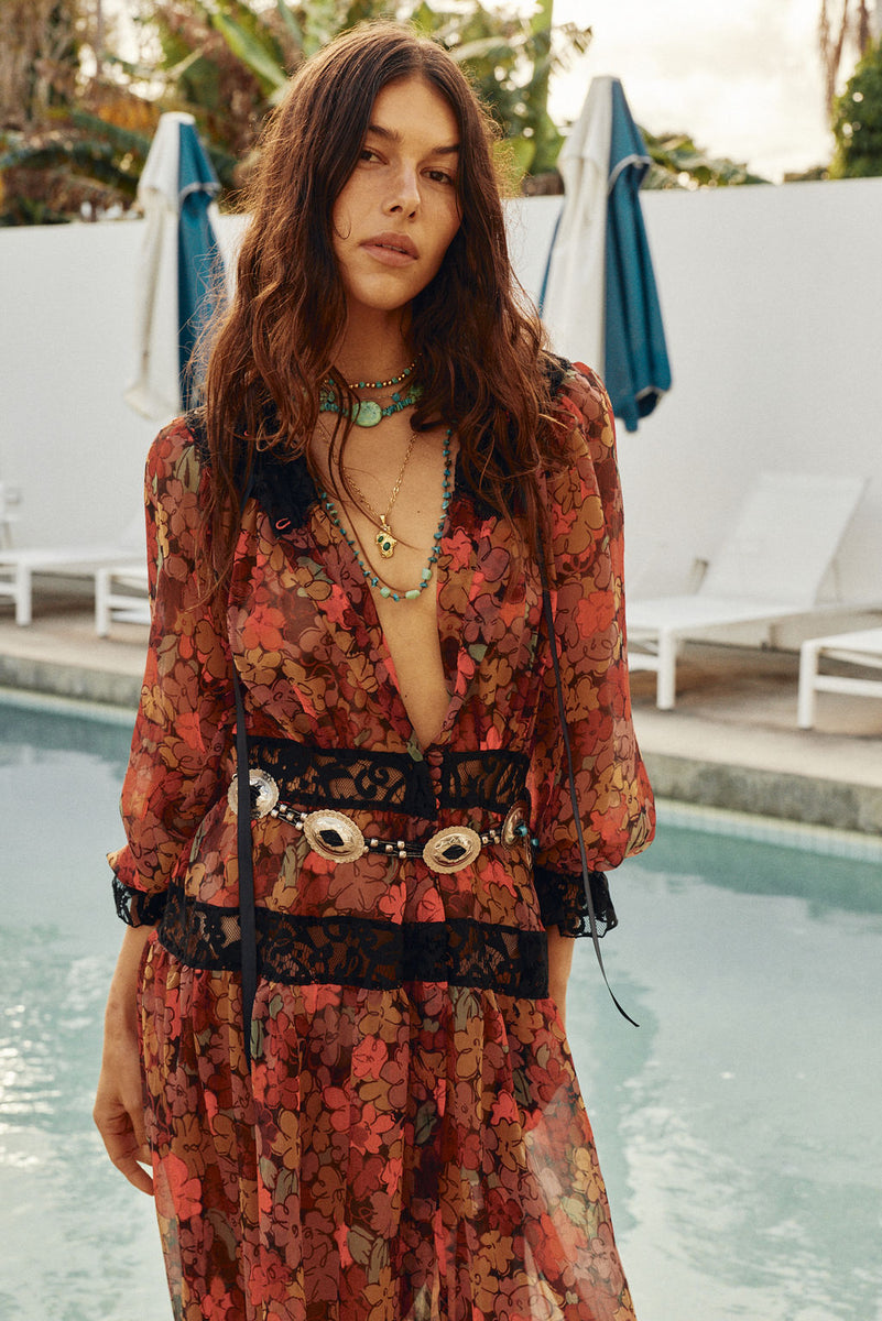 Destiny Silk + Lace Maxi Dress - Terracotta Floral