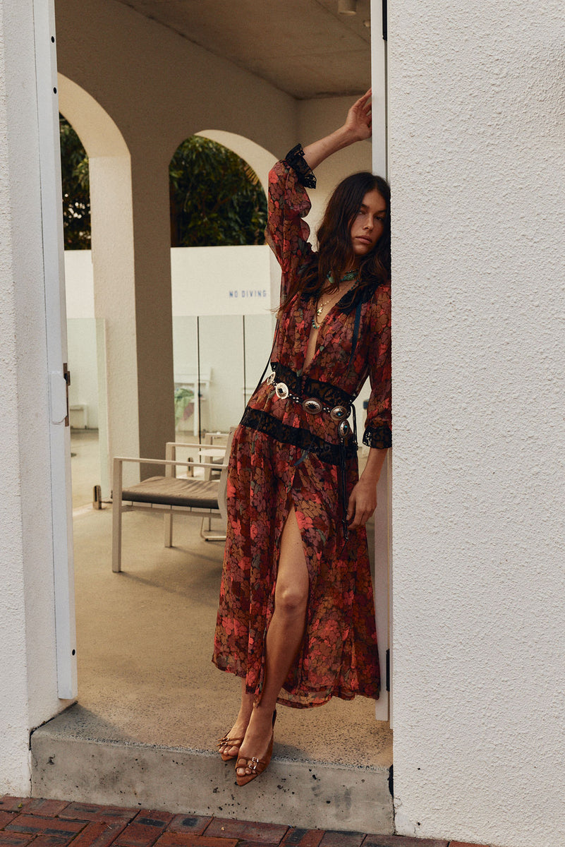 Destiny Silk + Lace Maxi Dress - Terracotta Floral