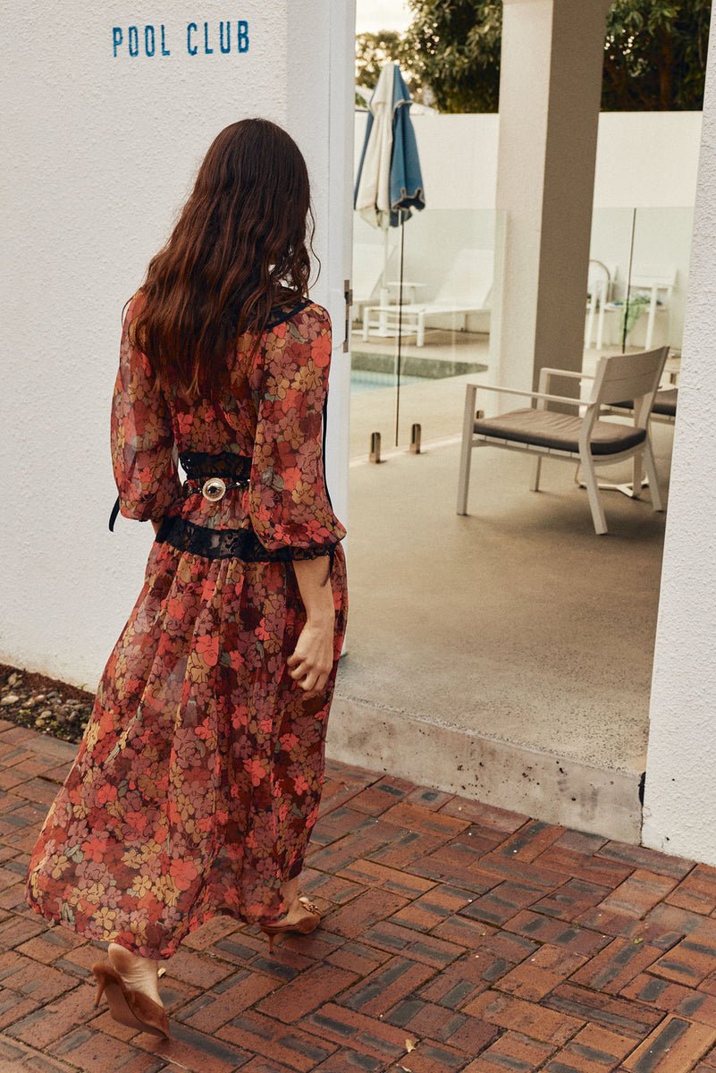 Destiny Silk + Lace Maxi Dress - Terracotta Floral