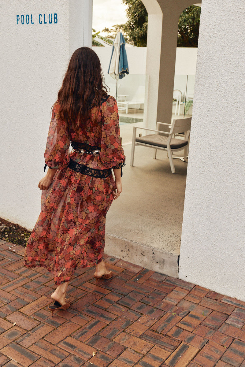 Destiny Silk + Lace Maxi Dress - Terracotta Floral