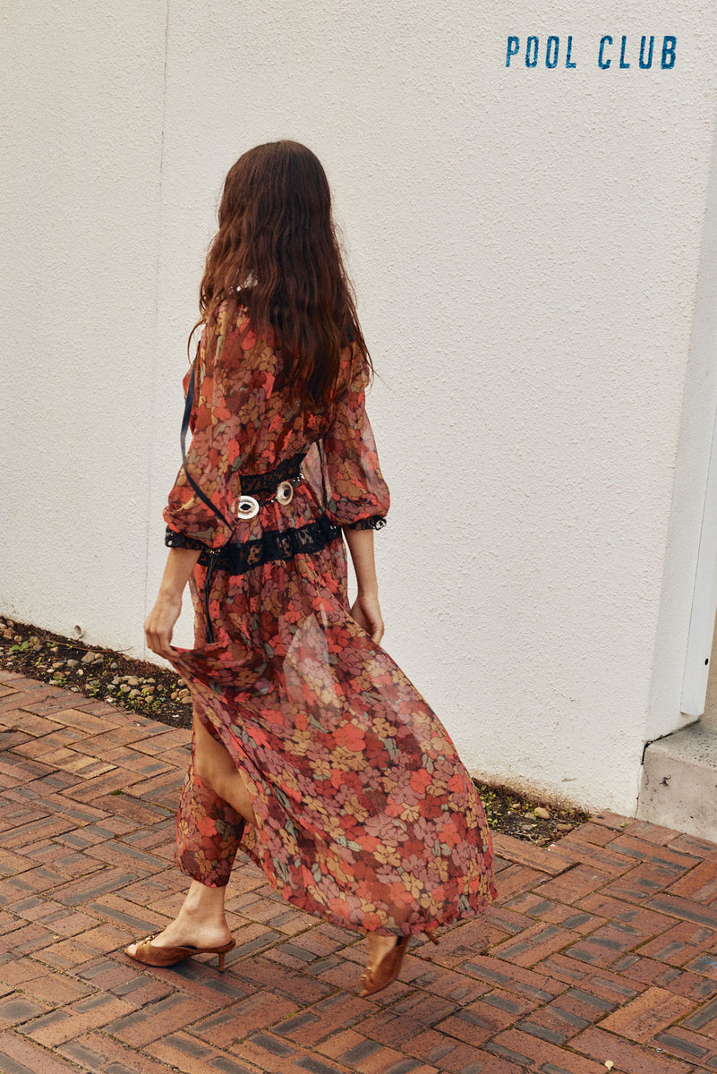Destiny Silk + Lace Maxi Dress - Terracotta Floral