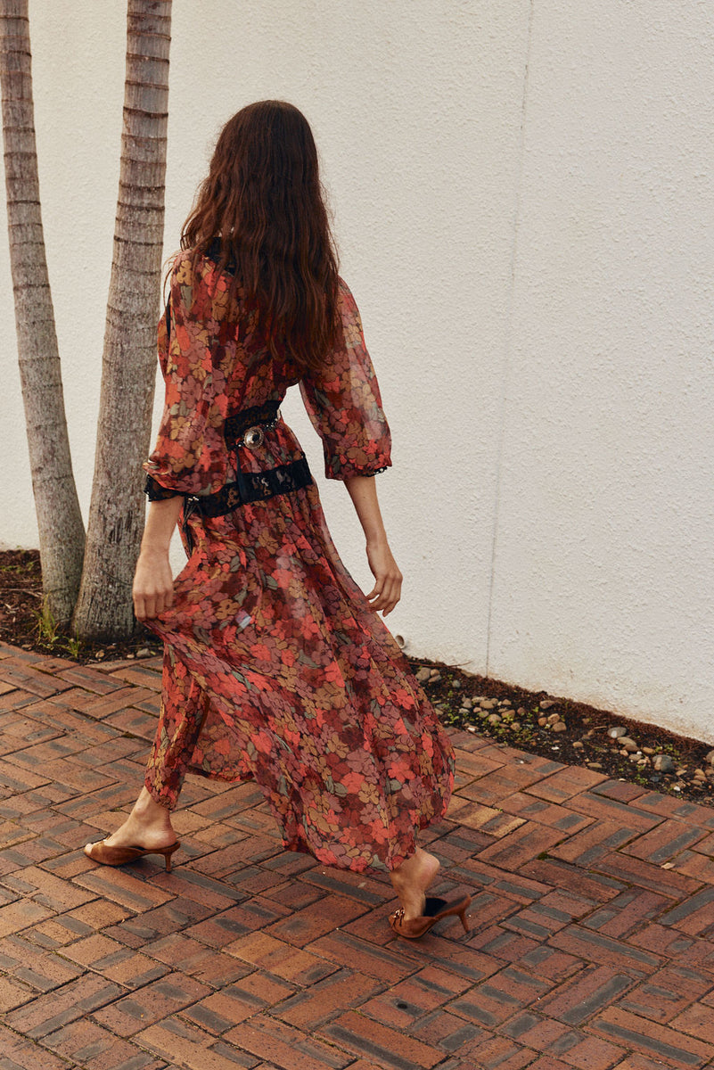 Destiny Silk + Lace Maxi Dress - Terracotta Floral