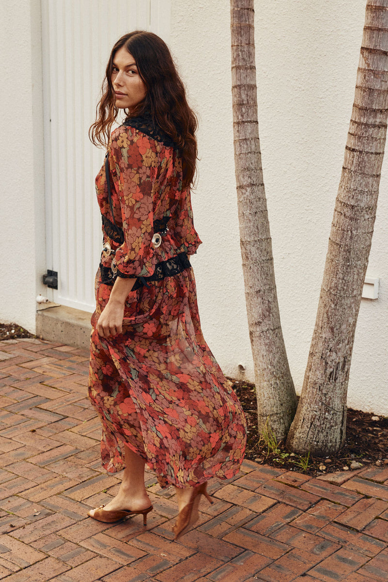 Destiny Silk + Lace Maxi Dress - Terracotta Floral