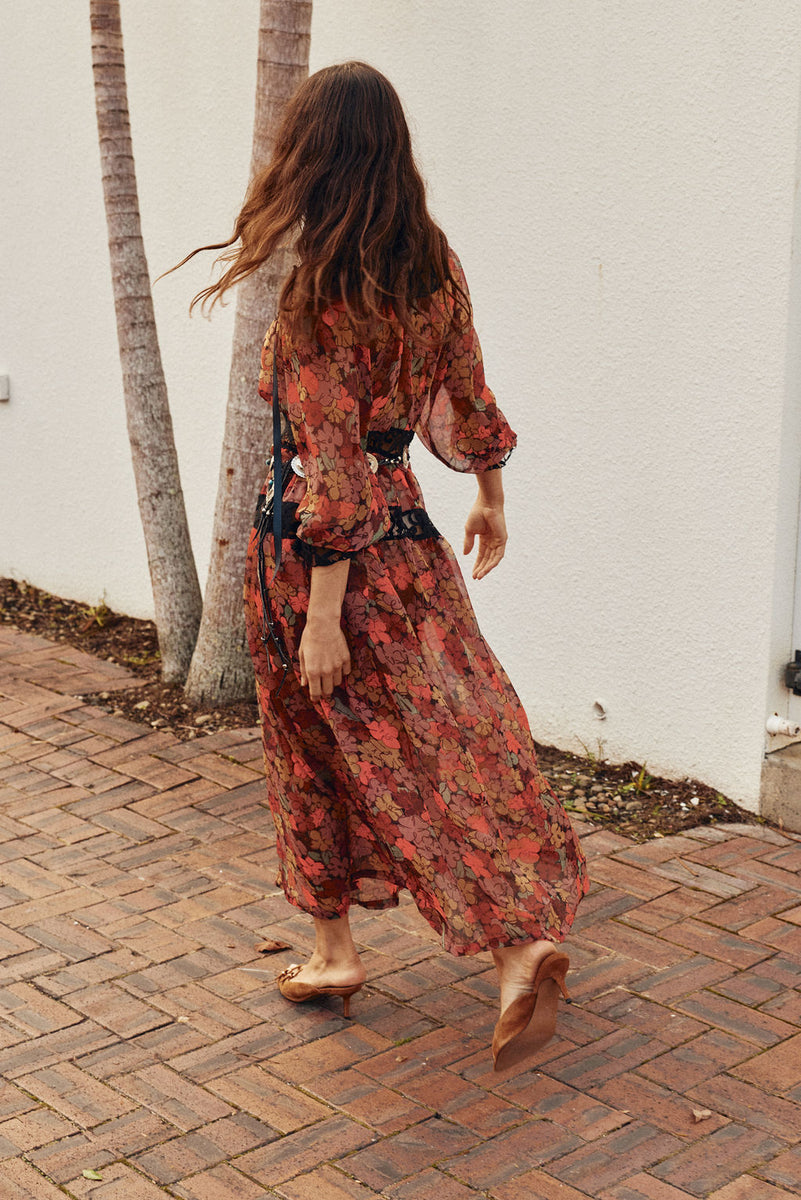Destiny Silk + Lace Maxi Dress - Terracotta Floral