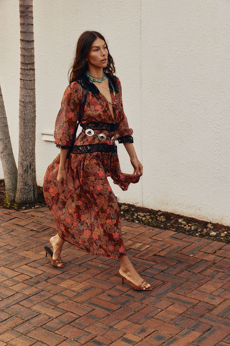 Destiny Silk + Lace Maxi Dress - Terracotta Floral