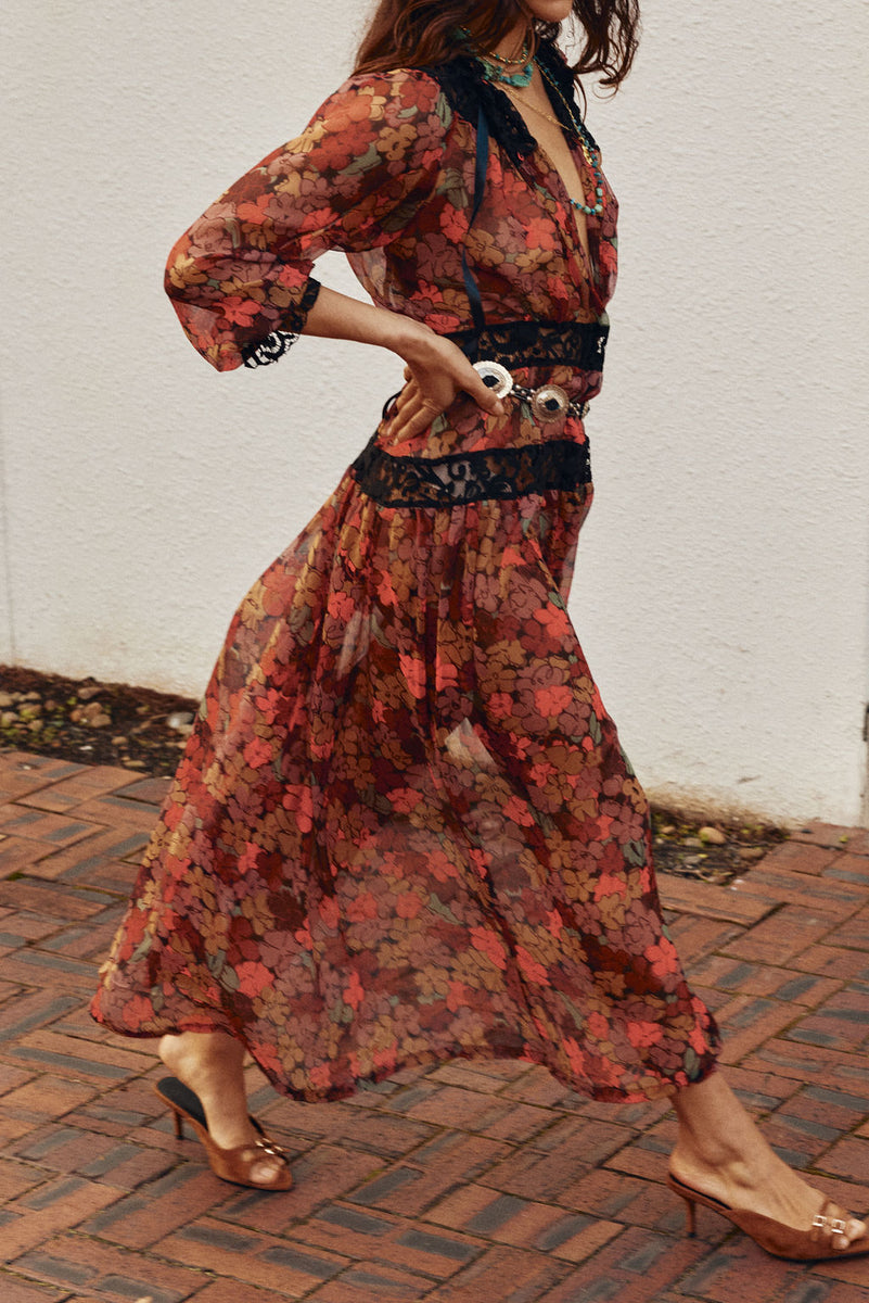 Destiny Silk + Lace Maxi Dress - Terracotta Floral