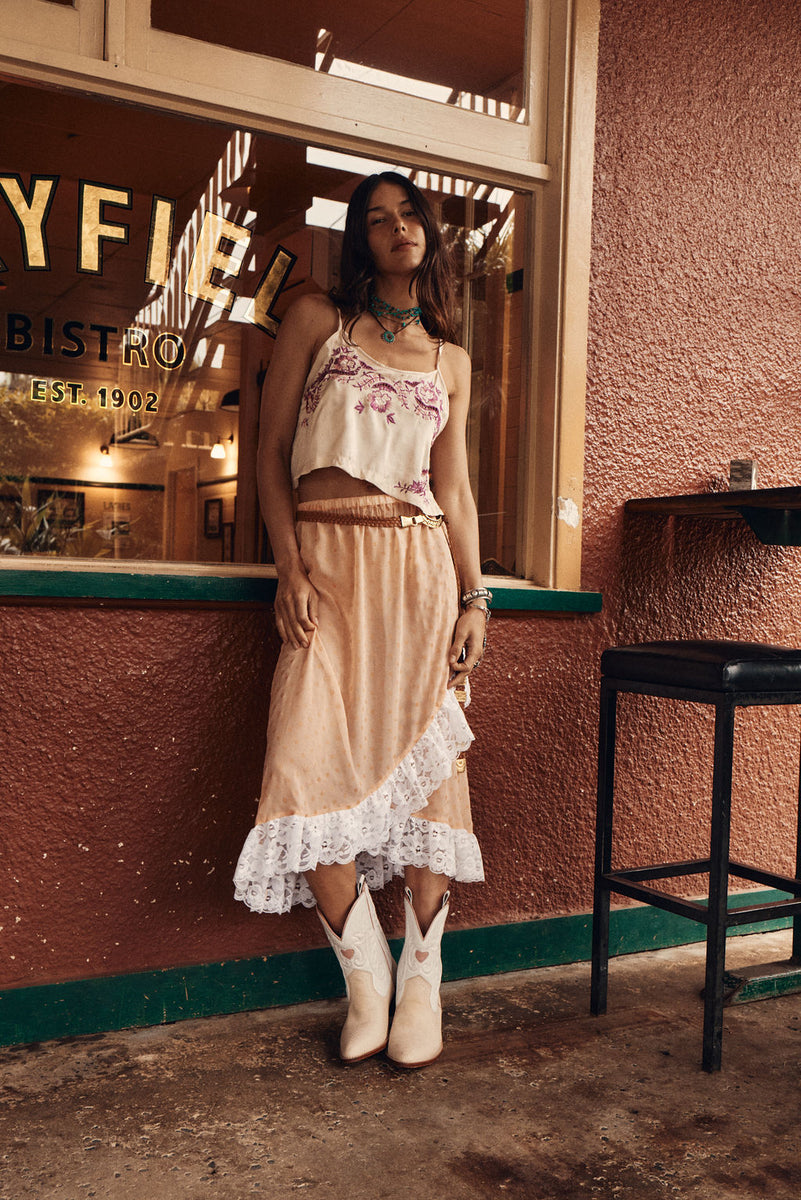 Misty Roses Silk Satin + Lace Midi Skirt - Peach
