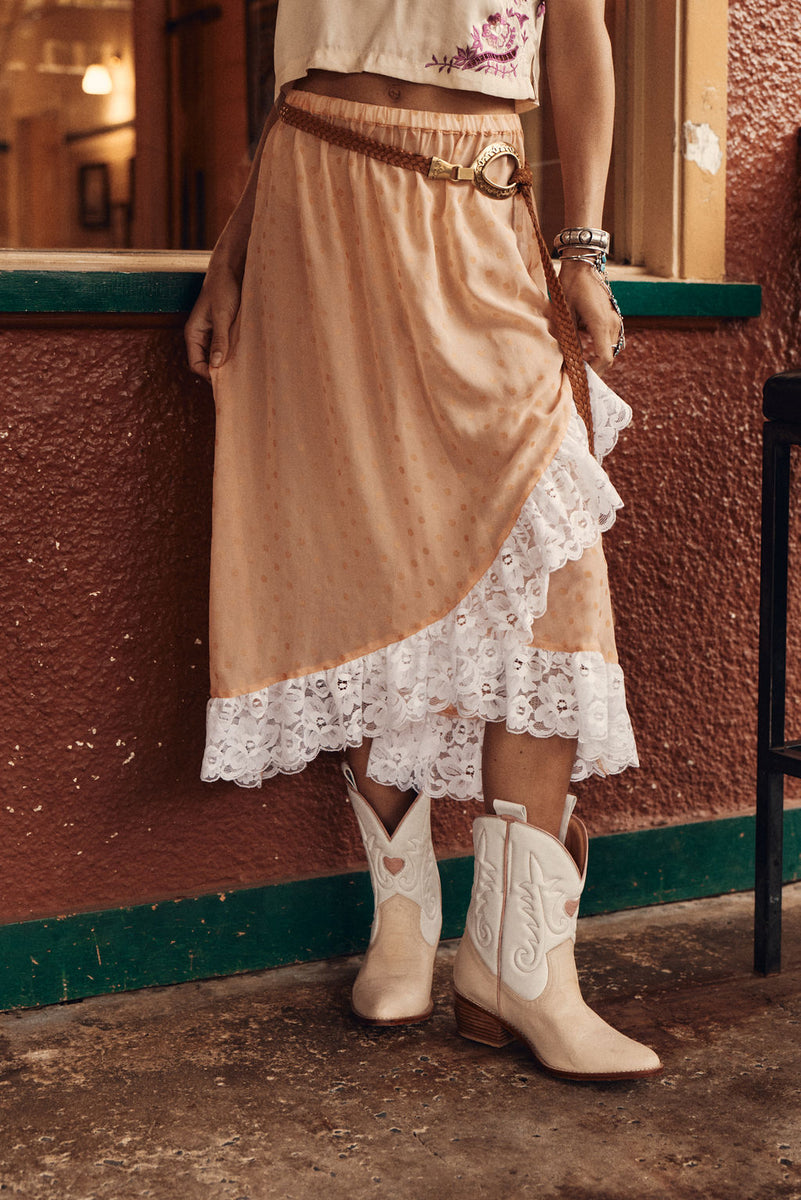 Misty Roses Silk Satin + Lace Midi Skirt - Peach