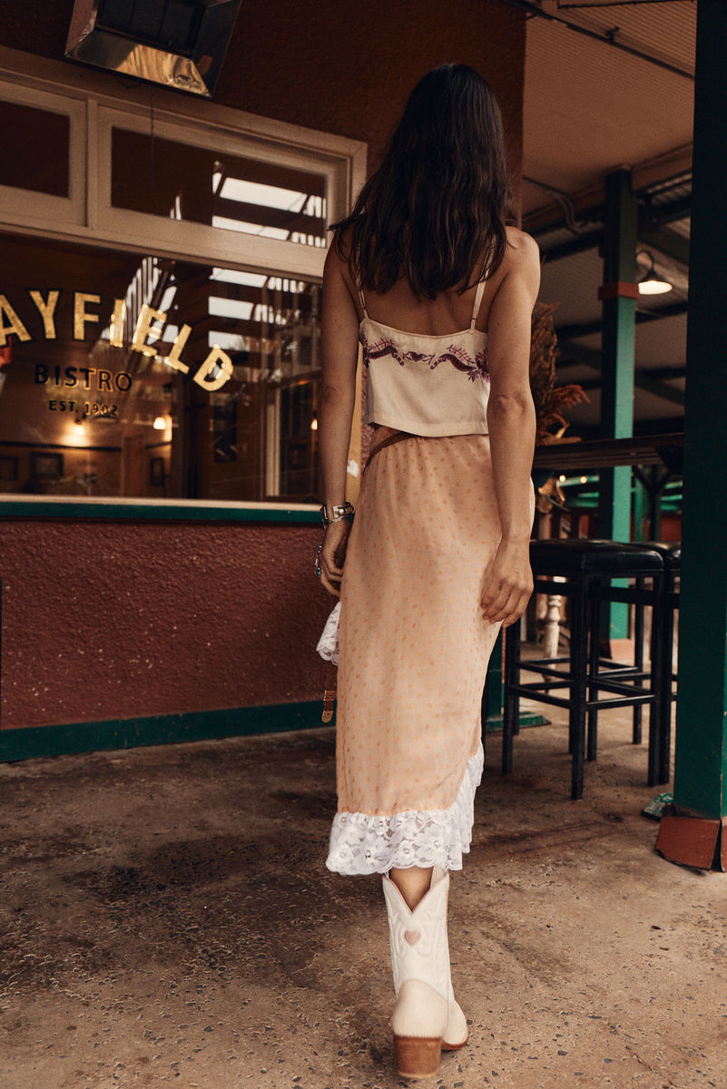 Misty Roses Silk Satin + Lace Midi Skirt - Peach