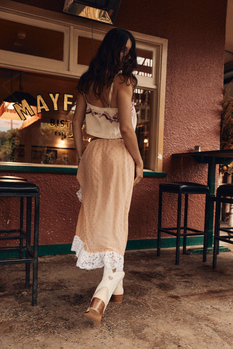 Misty Roses Silk Satin + Lace Midi Skirt - Peach