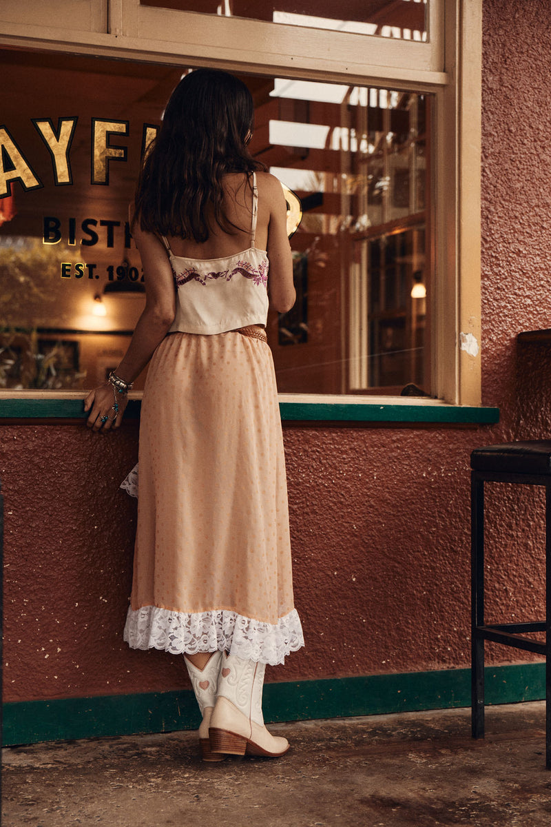 Misty Roses Silk Satin + Lace Midi Skirt - Peach