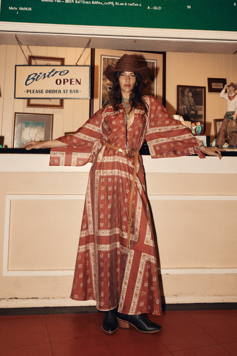 Alabama Getaway Silk Maxi Caftan Dress - Burnt Sienna