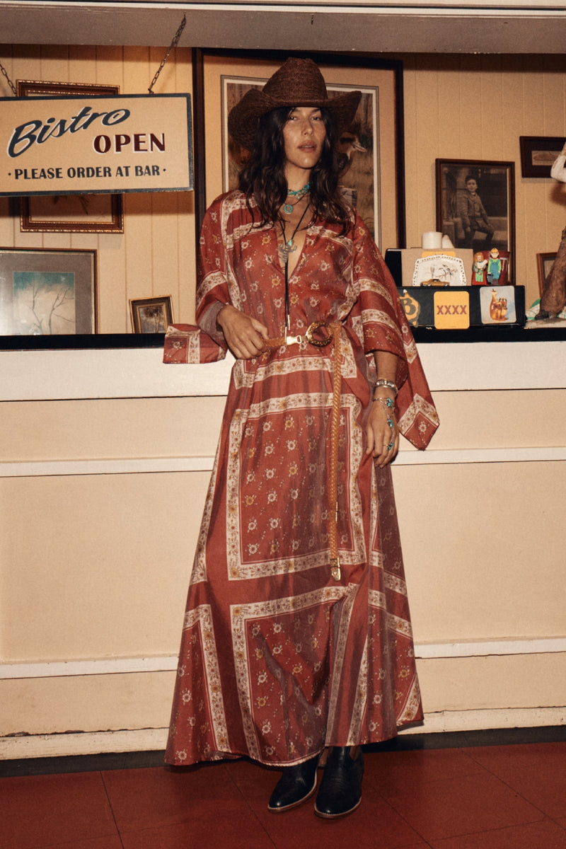 Alabama Getaway Silk Maxi Caftan Dress - Burnt Sienna