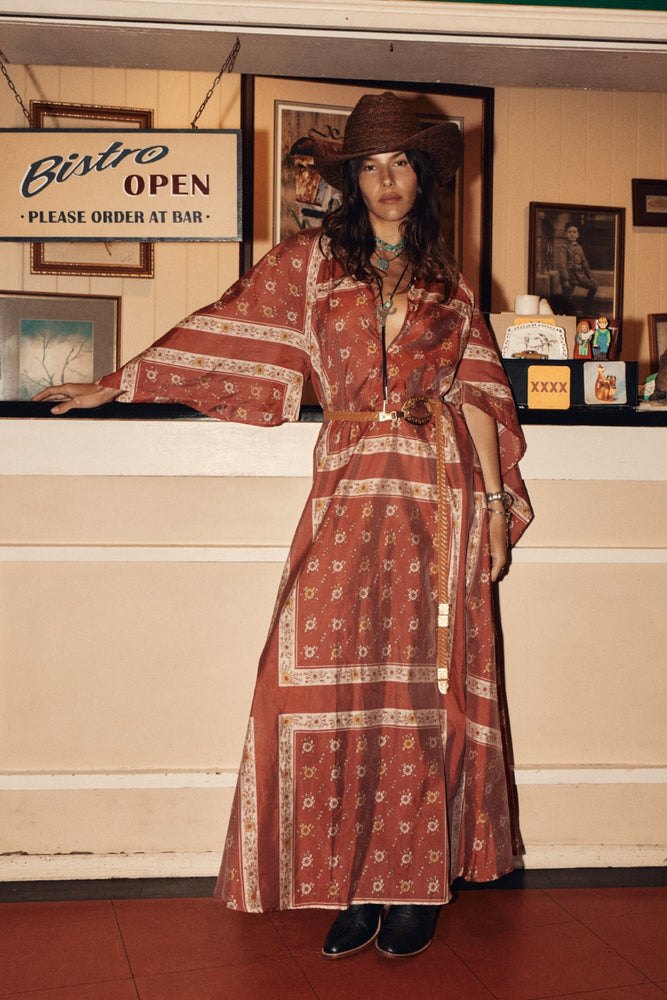 Alabama Getaway Silk Maxi Caftan Dress - Burnt Sienna