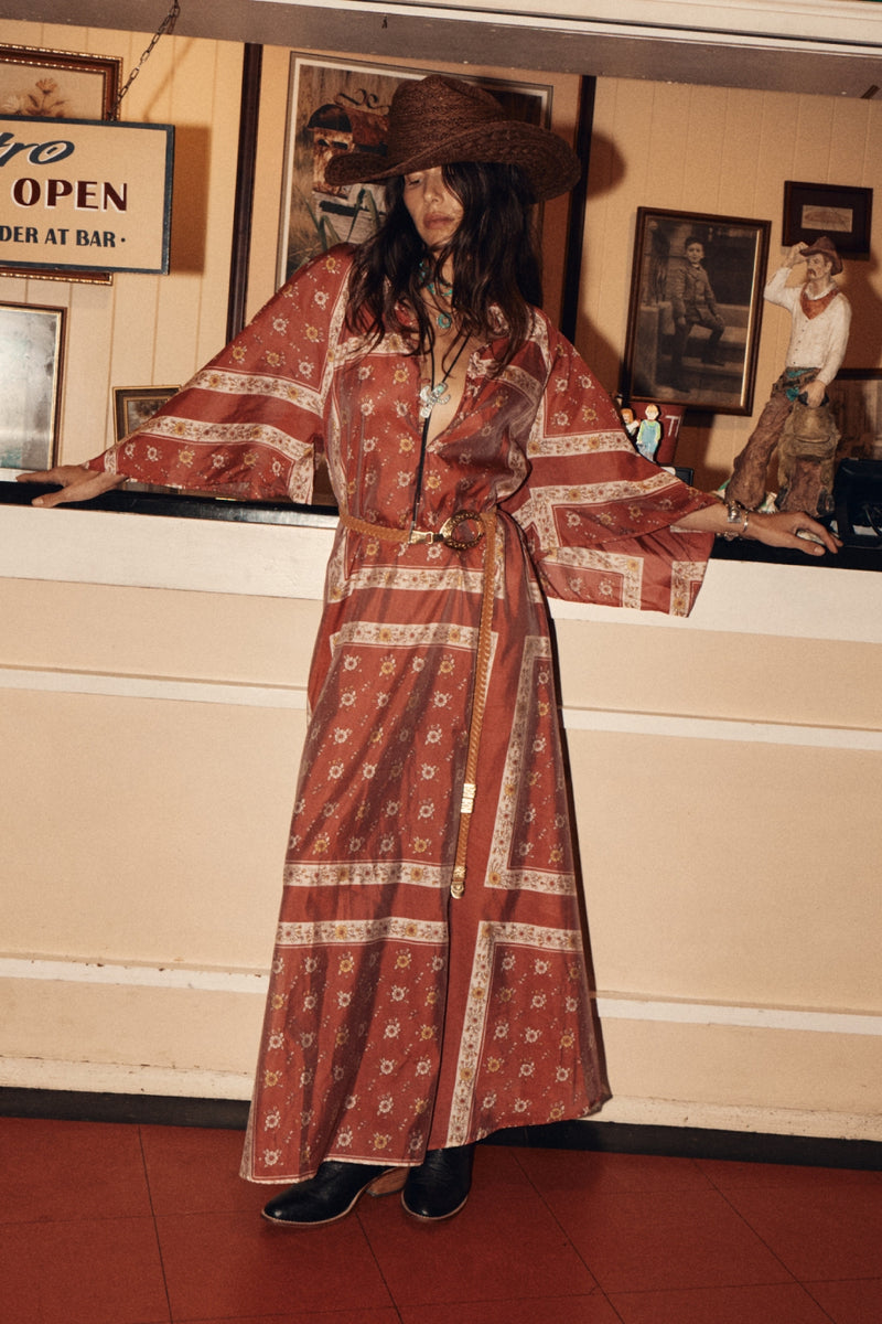 Alabama Getaway Silk Maxi Caftan Dress - Burnt Sienna