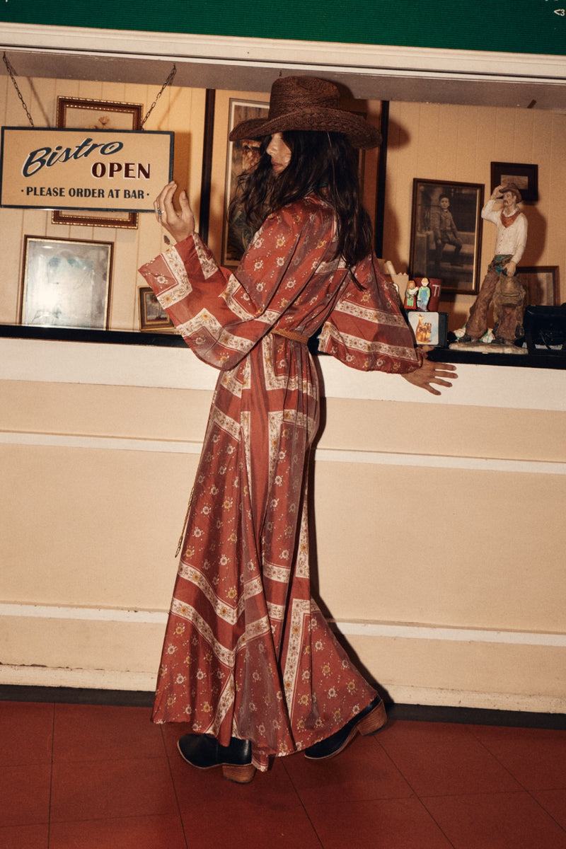 Alabama Getaway Silk Maxi Caftan Dress - Burnt Sienna