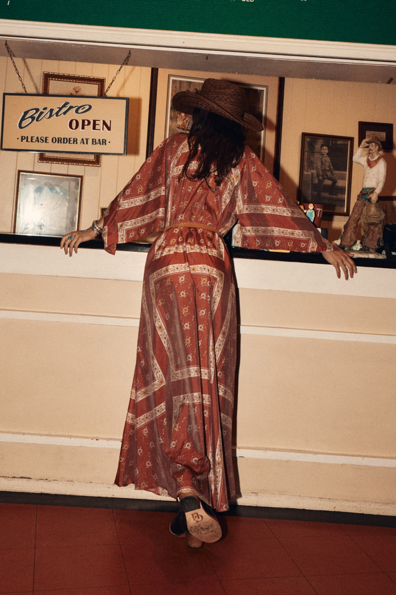 Alabama Getaway Silk Maxi Caftan Dress - Burnt Sienna