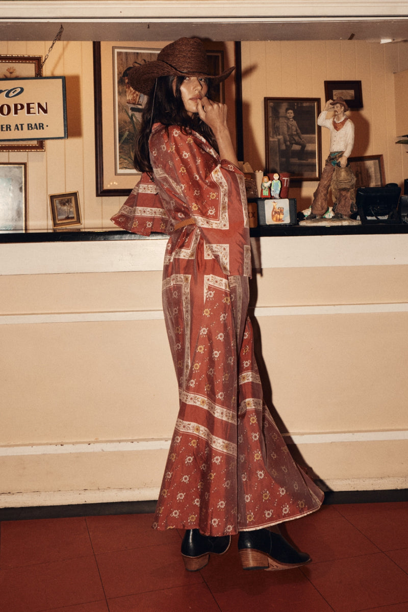 Alabama Getaway Silk Maxi Caftan Dress - Burnt Sienna