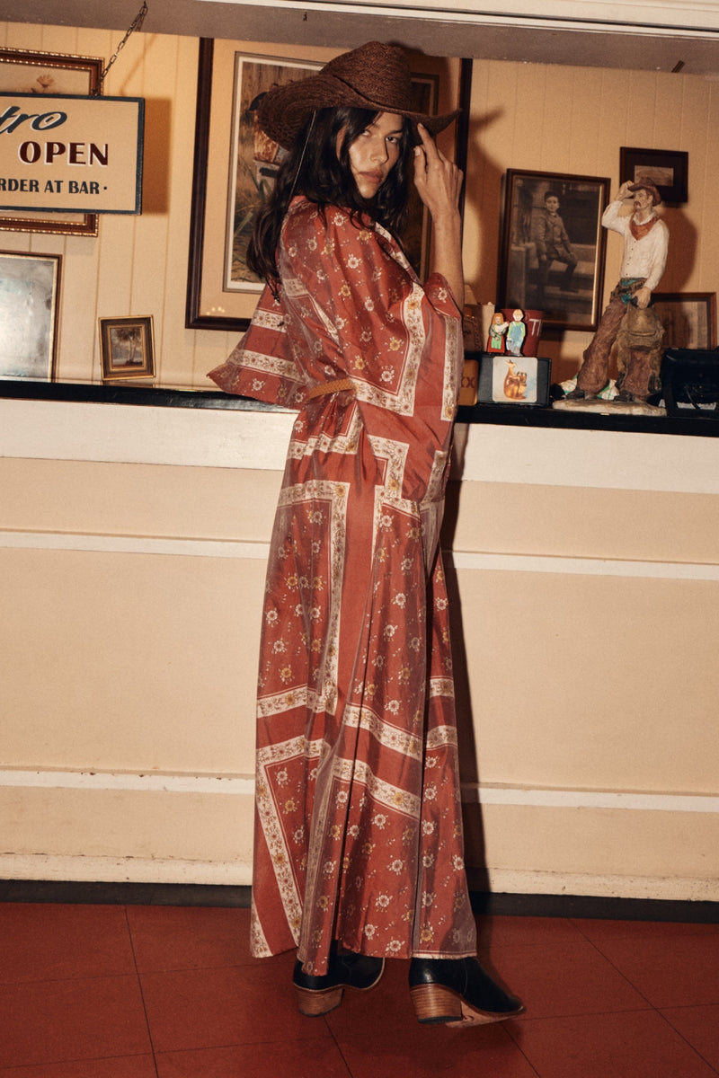 Alabama Getaway Silk Maxi Caftan Dress - Burnt Sienna