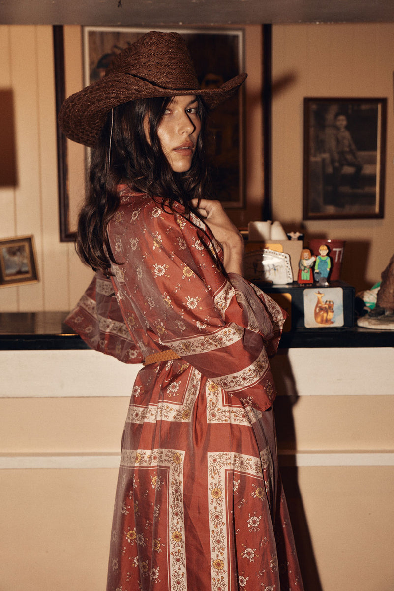 Alabama Getaway Silk Maxi Caftan Dress - Burnt Sienna